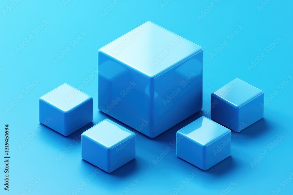 Poster blue cubes arranged in a hierarchical structure on a blue background.