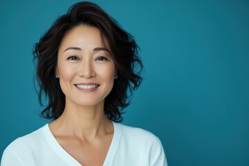 A woman with a white shirt and brown hair is smiling