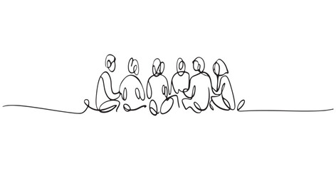 Minimalist One-Line Art of People Sitting Together, Continuous Line Drawing, one line art  Group vector, family coloring page.  © SagorKundu