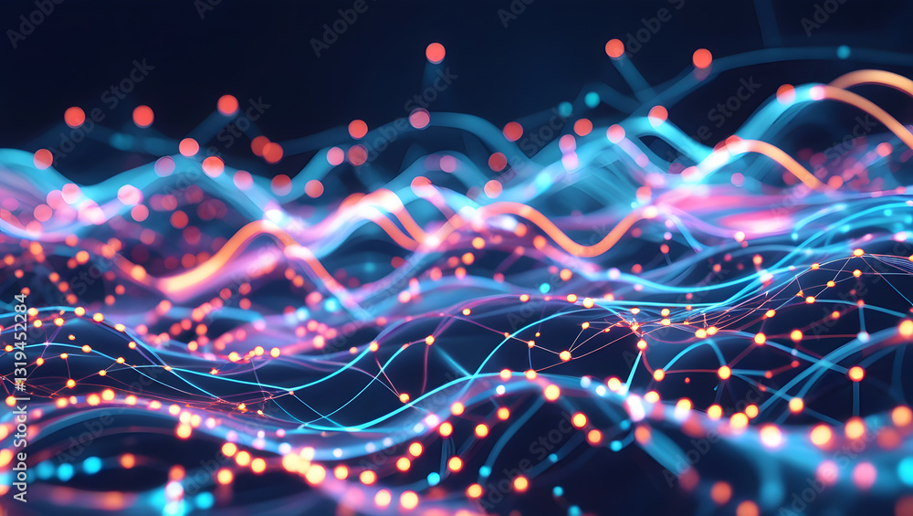 Poster digital data flow: an abstract representation of interconnected data points and lines forming a dyna
