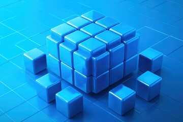 Blue cubes forming a larger cube on a grid.