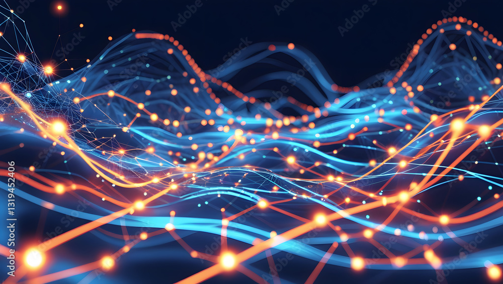 Poster data flow visualization: a digital representation of data streams, featuring flowing lines and glowi