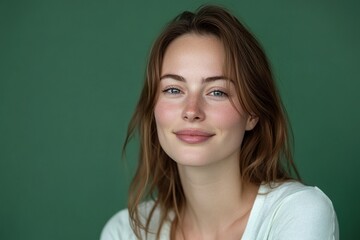 Fototapeta premium A woman with long brown hair and a white shirt is smiling at the camera