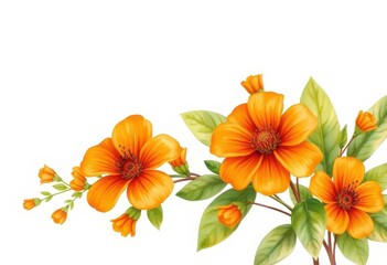 Orange vintage watercolor botanical illustration of flowers and leaves, faded edges, old, background