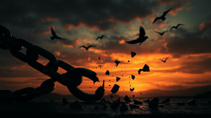 Metal chains break and birds fly at sunset in the sky, concept. Freedom and change, creative idea. Rights and law. Liberal. Motivation and hope