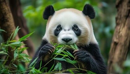Obraz premium Rare And Endangered Black And White Bear Eating Bamboo Shoots: The Panda'S Diet And Conservation Efforts To Help Them Thrive.
