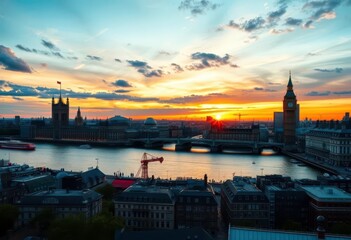 Fototapeta premium Panoramic view of London's iconic skyline at sunset, landmarks, view