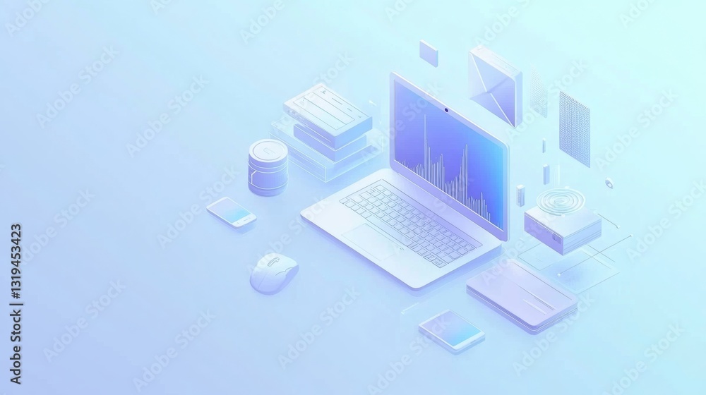 Poster isometric design of computers and technology equipment for cloud storage and repair services in whit