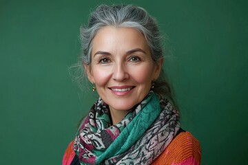 A woman with a scarf on her head and a smile on her face