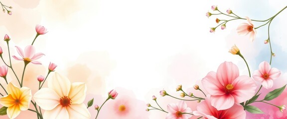 Fototapeta premium Pastel watercolor floral frame, abstract botanical design with soft color palette and delicate blooms, graphic, elegant