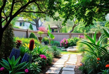 Obraz premium Peaceful backyard oasis, lush foliage, tranquil garden, garden, trees