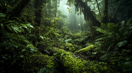 Obraz premium Exploring a lush tropical rainforest dense vegetation nature photography soft sunlight ground level biodiversity
