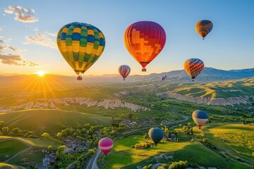 Naklejka premium Colorful Hot Air Balloons in a Bright Sunrise Over Scenic Landscape