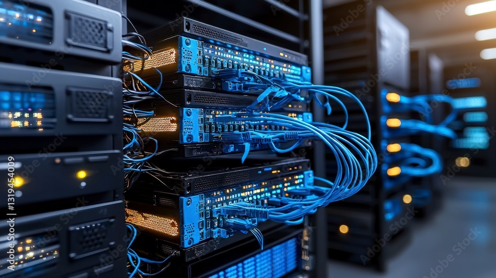 Poster Dynamic data center with illuminated server racks tech hub photography indoor close-up innovation