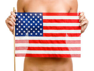 Woman covering her naked body with American Flag against white background
