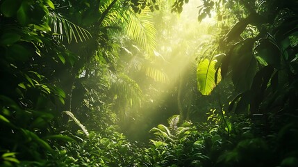 Obraz premium Sunlight Effect in a Lush Green Jungle A Beautiful and Tranquil Forest Scene