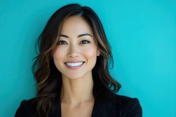 A woman with long hair and a black jacket is smiling