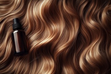 Fototapeta premium Glass dropper bottle with essential oil lying on beautiful wavy brown hair for hair care concept