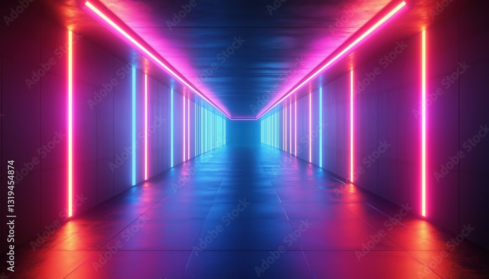 Poster empty corridor illuminated by neon lights, rays, and glow in a striking rendering. an eerie yet capt
