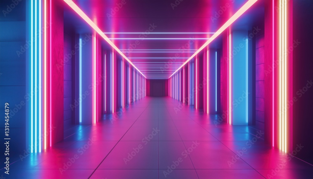Poster empty hallway illuminated by neon lights, creating a futuristic and vibrant atmosphere. a visual rep