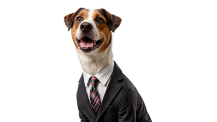 Dog dressed in business suit isolated on transparent background with cheerful expression and formal attire