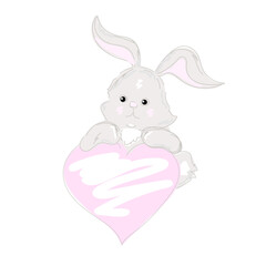 A cute little grey bunny with pink heart.