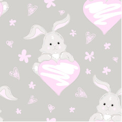 A cute little grey bunny with pink heart, seamless pattern.
