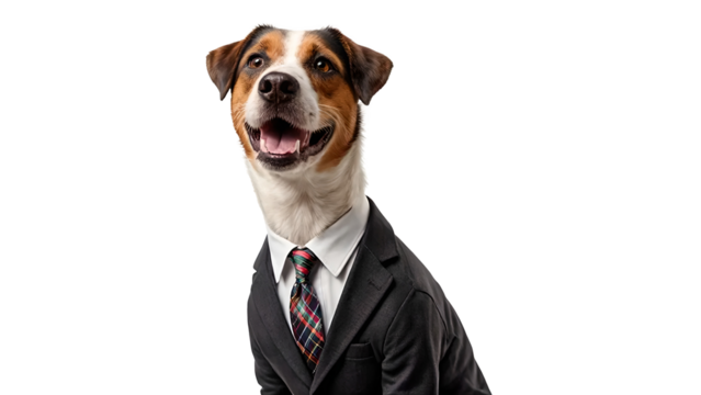 Dog dressed in business suit isolated on transparent background with cheerful expression and formal attire
