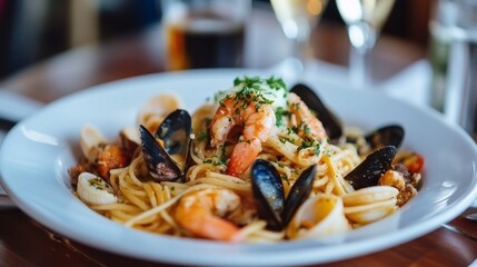 Bowl of succulent seafood pasta sits temptingly on the table, garnished with herbs and featuring shrimp, mussels, and squid, perfect for a cozy dinner
