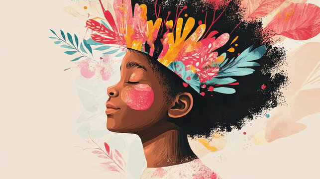 Artistic portrait of a young Black woman in profile with natural afro hair adorned with vibrant floral elements and painterly textures. Ideal for editorial features, beauty campaigns, and cultural sto