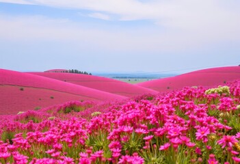 Rolling hills awash in vibrant pink wildflowers under a clear sky, picturesque, nature