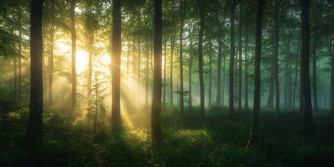 Fototapeta premium Tranquil Misty Forest with Soft Morning Sunlight for Nature Photography, Relaxation, or Wallpaper Design