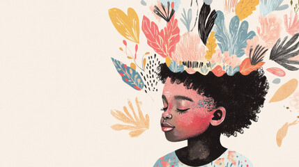Artistic portrait of a serene girl with colorful abstract leaves blooming from her hair. Perfect for wellness branding, lifestyle blogs, and inspirational art.