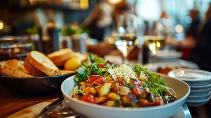 A vibrant gourmet salad filled with colorful vegetables is served alongside crusty bread and fine glasses of wine in a lively restaurant atmosphere. Guests enjoy their meals, creating a warm ambiance