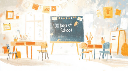 Charming watercolor-style illustration of a classroom celebrating "100 Days of School" with a chalkboard, desks, and decorations. Perfect for education, learning milestones, and school events.