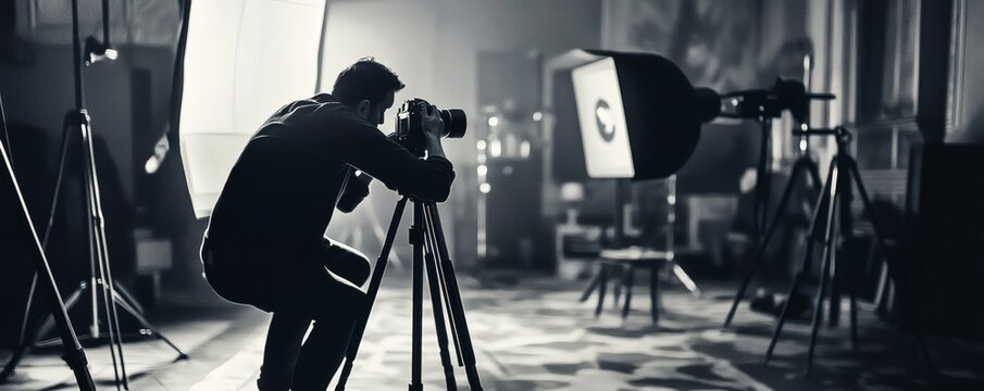 A photographer using a camera on a tripod in a studio