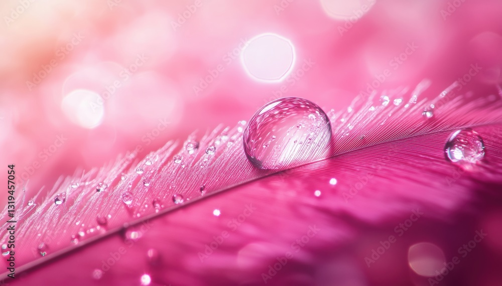 Poster macro close-up image of a transparent water droplet on a pink feather with sparkles and rays of brig