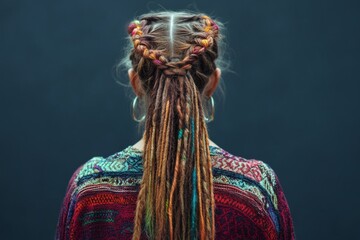 Close-up of a woman's intricate hairstyle featuring colorful dreadlocks and braids, showcasing a unique and artistic hair design