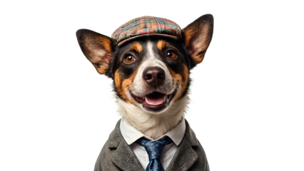 Dog dressed in a suit and hat isolated on transparent background