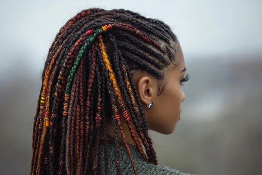 Profile of a young woman showing her colorful box braids hairstyle