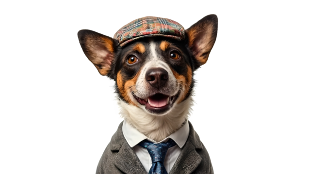 Dog dressed in a suit and hat isolated on transparent background
