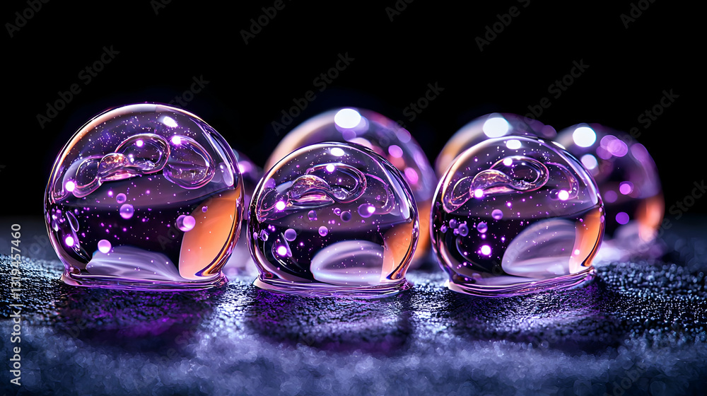 Poster five translucent purple spheres with sparkling glitter on dark background with light reflections in 