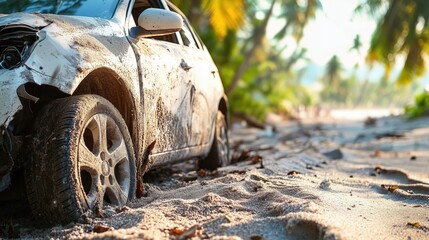 Damaged car stuck in the sand on a tropical beach at sunset, concept of road accident during summer vacation. Ai generated