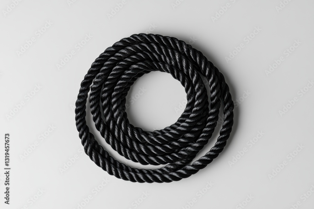 Poster Black jump rope coiled neatly in a spiral on a smooth grey surface with minimalist design showcasing simplicity and functionality