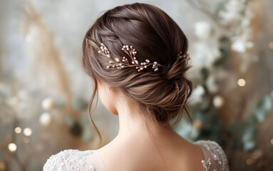 Wedding hairstyle with hair accessory on a bride getting ready for her wedding