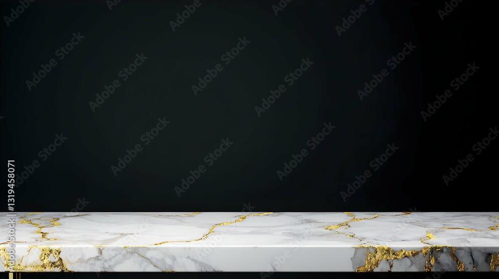 Poster Empty White Marble Table With Gold Veins On A Dark Background Product Display With Elegant Luxury Design Ideal For Showcasing Premium Items 3D Render