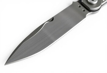 Sharp metal knife blade of a multitool, isolated on white background, background, gadget