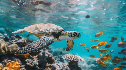 Fototapeta premium A sea turtle swimming alongside a school of fish, vibrant waves crashing above