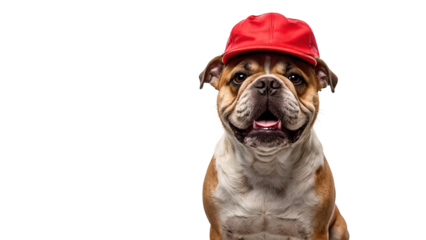 Bulldog wearing a red cap isolated on transparent background for a playful and fun depiction