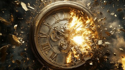 An elegant depiction of a vintage clock bursting apart, its face cracked as gears, screws, and metallic fragments spiral outward in dynamic arcs.
